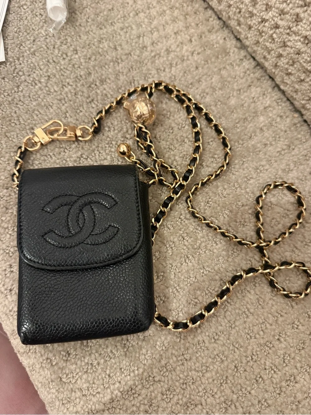 CHANEL Black Leather Chain Crossbody Case with Gold-Tone Chain